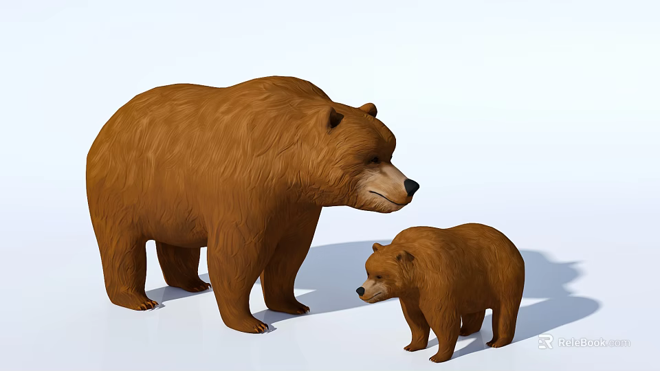 Adult and Baby Brown Bears Standing Together in Natural Habitat 3d model 