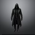Man In Black Hooded Long Coat Standing Against Simple Gray Background