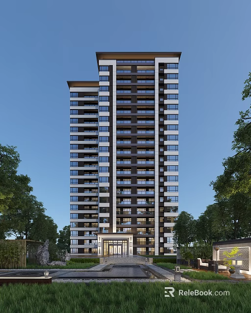 Modern Tall Residential Building Exterior Design With Windows Balconies And Trees Around 3d model 