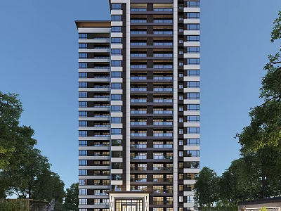 Modern Tall Residential Building Exterior Design With Windows Balconies And Trees Around 3d model