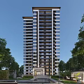Modern Tall Residential Building Exterior Design With Windows Balconies And Trees Around