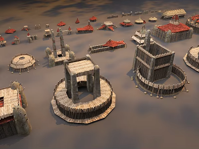 Wooden Circular Tower In Ancient Tribal Village With Surrounding Huts And Fences 3d model