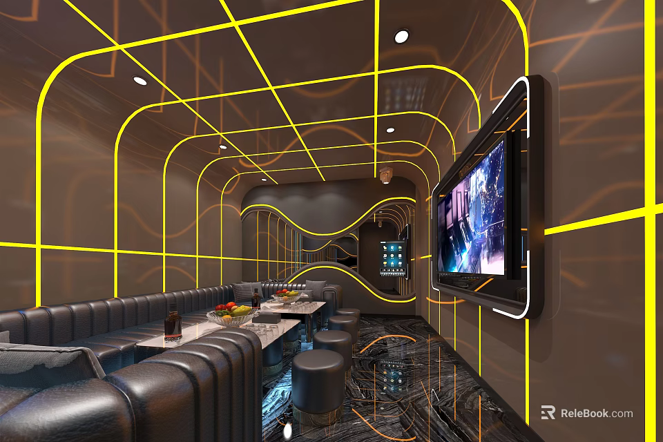 Modern KTV Room Interior With Neon Grid Lines Leather Sofa And TV Screen 3d model 