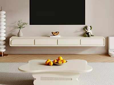 Modern White TV Stand In Living Room With Wall Mounted TV And Decorative Items 3d model