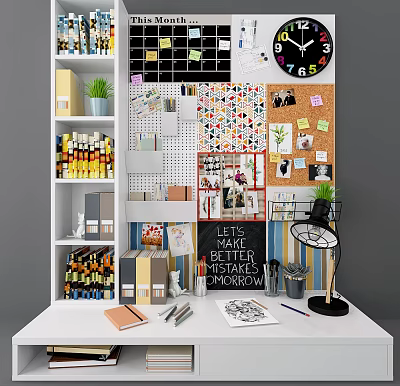 Organized Office Desk With Shelves Folders Desk Lamp Pinboard And Potted Plant 3d model