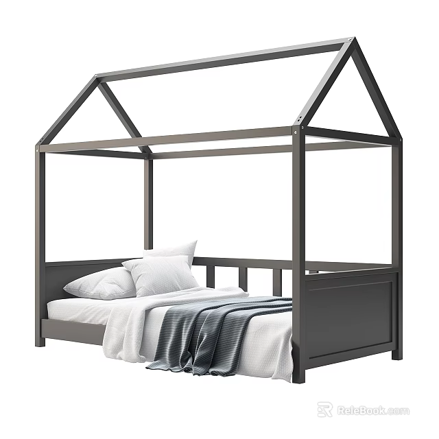 Modern Four Poster Double Bed With Dark Frame White Pillows And Gray Blanket 3d model 