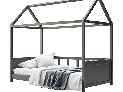 Modern Four Poster Double Bed With Dark Frame White Pillows And Gray Blanket 3d model