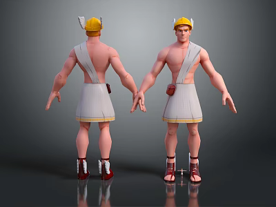 3D Character Model Front Back View with Yellow Helmet White Tunic Brown Pouch Red Sandals 3d model
