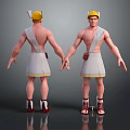 3D Character Model Front Back View with Yellow Helmet White Tunic Brown Pouch Red Sandals