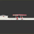 Gas Station Building With Gray Roof Red Trim And Advertising Pillar Structure