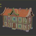 Traditional Wooden House Model with Red Tile Roof Two Floors Stone Base and Classic Windows