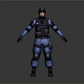 Standing Humanoid Character In Blue Tactical Gear With Protective Vest Helmet And Knee Pads