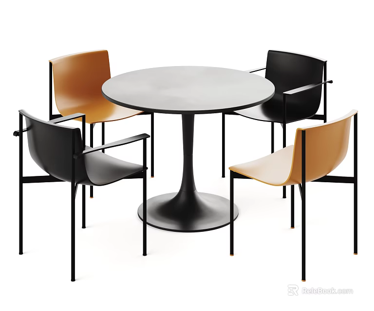 Modern Round Dining Table with Four Black and Tan Chairs White Tabletop Black Base 3d model