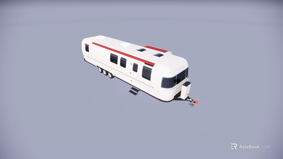 Stylish White Recreational Vehicle With Red Stripes Windows Wheels And Hitch 3d model 