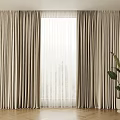 Beige Vertical Striped Curtains With Sheer Layer And Green Plant On Wooden Floor