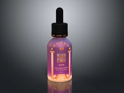 Medical Device Holly Chill CBD Oil Bottle Featuring Purple Label And Eye Graphic Design 3d model