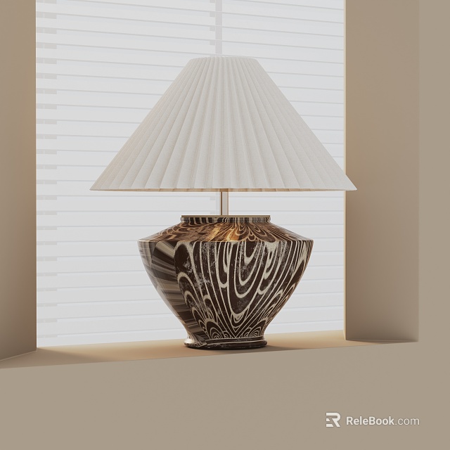 Elegant Modern Table Lamp With White Pleated Lampshade And Brown Patterned Ceramic Base 3d model 