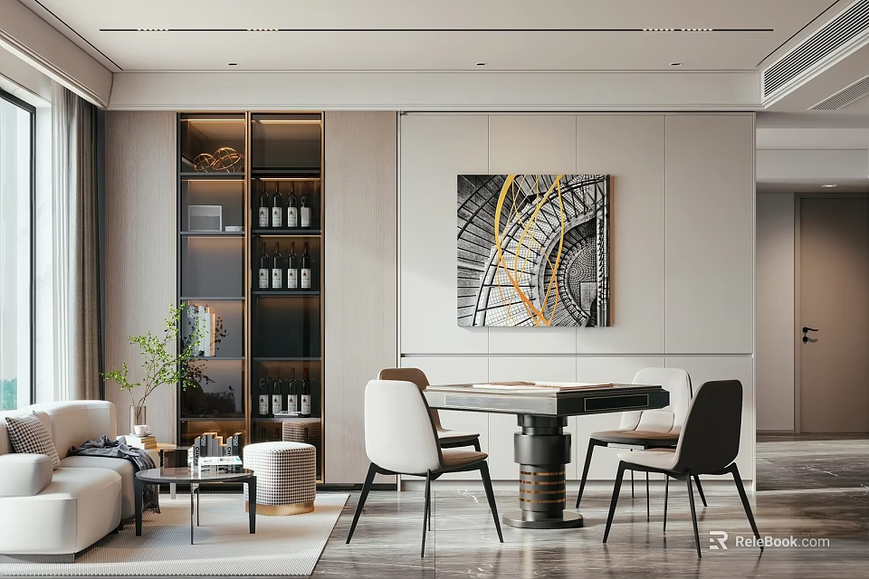 Modern Entertainment Room Interior Design With Sofa Dining Table Chairs Display Cabinet And Artwork 3d model