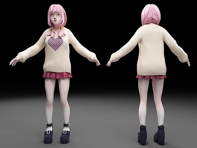 Cartoon Character With Pink Hair Beige Sweater And Pink Plaid Skirt 3d model