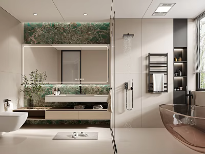 Modern Bathroom Interior With Large Mirror Marble Countertop Bathtub Shower Area And Green Plant 3d model