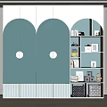 Modern Minimalist Wardrobe With Light Blue Arched Doors Round Decorations And Open Storage Shelves