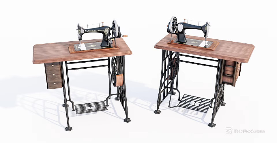 Vintage Industrial Sewing Machines On Wooden Workbenches With Metal Frames And Drawers 3d model 