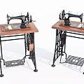 Vintage Industrial Sewing Machines On Wooden Workbenches With Metal Frames And Drawers