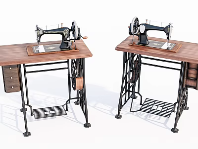 Vintage Industrial Sewing Machines On Wooden Workbenches With Metal Frames And Drawers 3d model