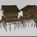 Rustic Traditional Stilted Wooden Architecture Exterior with Tiled Roof Balcony and Stairs