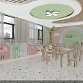 Kindergarten Classroom with Colorful Fences Wooden Tables Chairs Green Ceiling and Large Windows