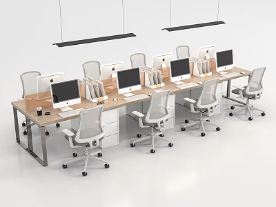 Modern Office Workstation Desk With Multiple Computer Monitors Ergonomic Chairs And Hanging Pendant Lights 3d model