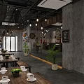 Industrial Style Restaurant Interior With Gray Walls Wooden Tables Hanging Lights And Green Plants