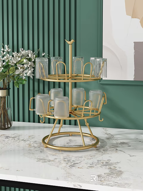 Two Tiered Golden Metal Shelf with Transparent Glass Cups on Marble Countertop by Green Wall 3d model 