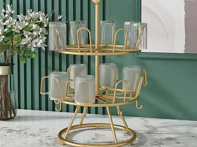 Two Tiered Golden Metal Shelf with Transparent Glass Cups on Marble Countertop by Green Wall 3d model