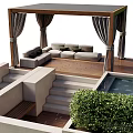 Serene Courtyard Garden With Pool Hedges Trees Pavilion And Wooden Deck Loungers