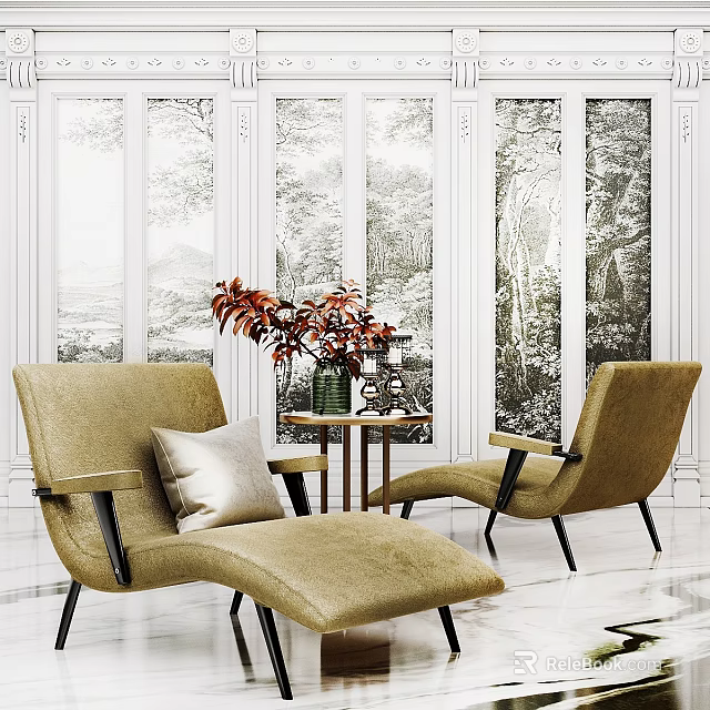 Elegant Beige Fabric Sofa Stools With Armrests Red Flowers Vase And Natural View Windows 3d model 