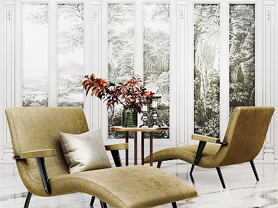 Elegant Beige Fabric Sofa Stools With Armrests Red Flowers Vase And Natural View Windows 3d model
