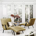 Elegant Beige Fabric Sofa Stools With Armrests Red Flowers Vase And Natural View Windows