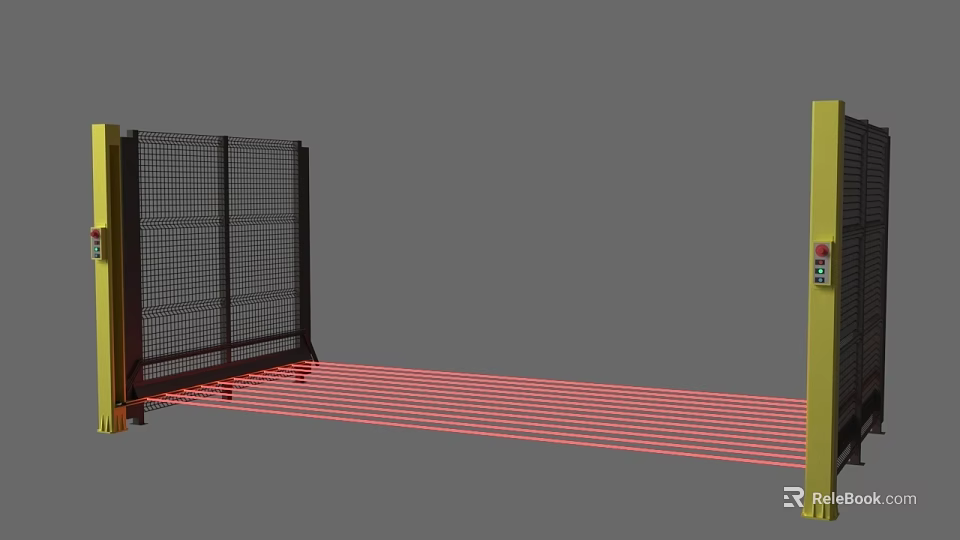 Commercial Equipment With Yellow Post Black Mesh Fence And Red Light Curtain 3d model 