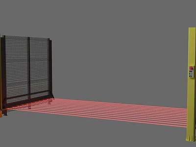 Commercial Equipment With Yellow Post Black Mesh Fence And Red Light Curtain 3d model