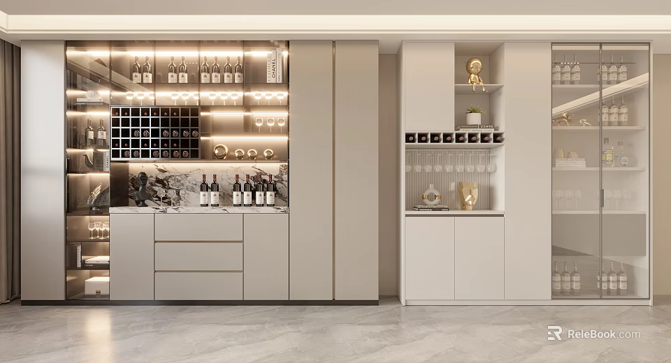 Elegant Modern Wine Cabinet With Glass Shelves Displaying Wine Bottles Wine Glasses And LED Lighting 3d model 