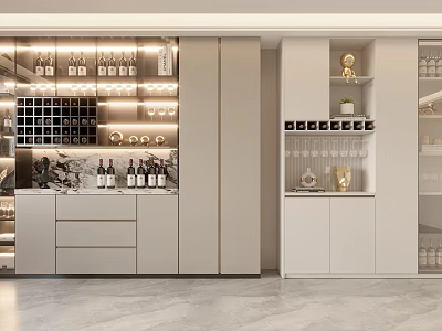Elegant Modern Wine Cabinet With Glass Shelves Displaying Wine Bottles Wine Glasses And LED Lighting 3d model