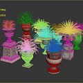 Green Plants in Various Decorative Planters with Different Designs and Heights on Dark Reflective Surface