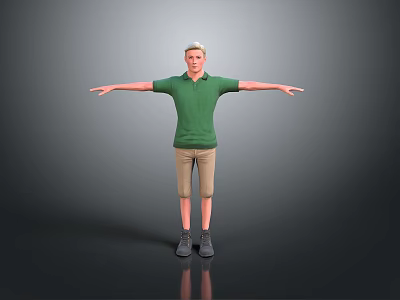 Man Standing With Arms Outstretched In Green Polo Shirt And Khaki Shorts Against Gray Background 3d model