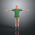 Man Standing With Arms Outstretched In Green Polo Shirt And Khaki Shorts Against Gray Background