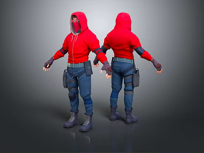 Two Characters In Red Hoodies Blue Pants Black Boots With Tool Bags Front Back Views 3d model
