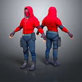 Two Characters In Red Hoodies Blue Pants Black Boots With Tool Bags Front Back Views