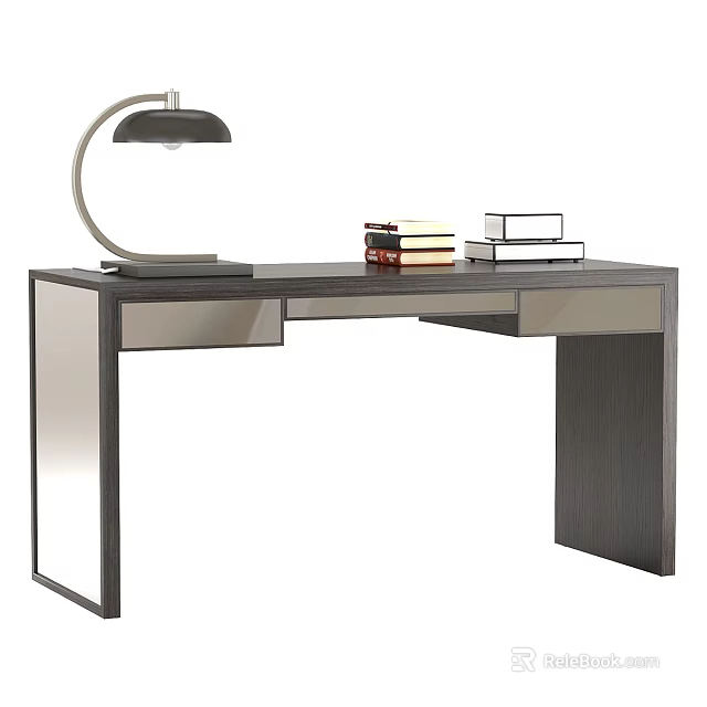 Modern Dark Colored Desk With Drawers Table Lamp And Stack Of Books 3d model 