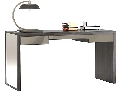 Modern Dark Colored Desk With Drawers Table Lamp And Stack Of Books 3d model