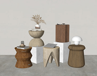 Modern round solid wood stool combination 3d model